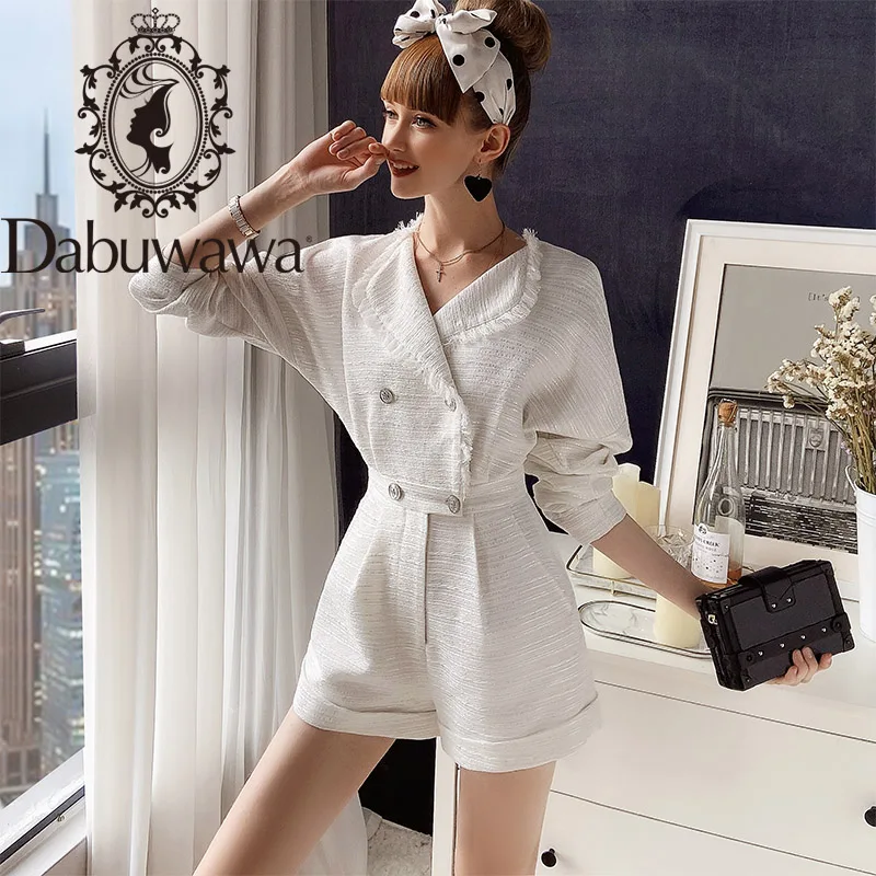 Dabuwawa Elegant Women Playsuits Short Sleeve Buttons Female Romper Jumpsuit Spring Summer Ladies Solid Overalls DO1AJP005