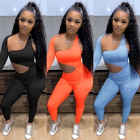long sleeve one shoulder cut out black bodycon jumpsuits women sexy hollow out leggings playsuits bodysuit autumn fitness outfit