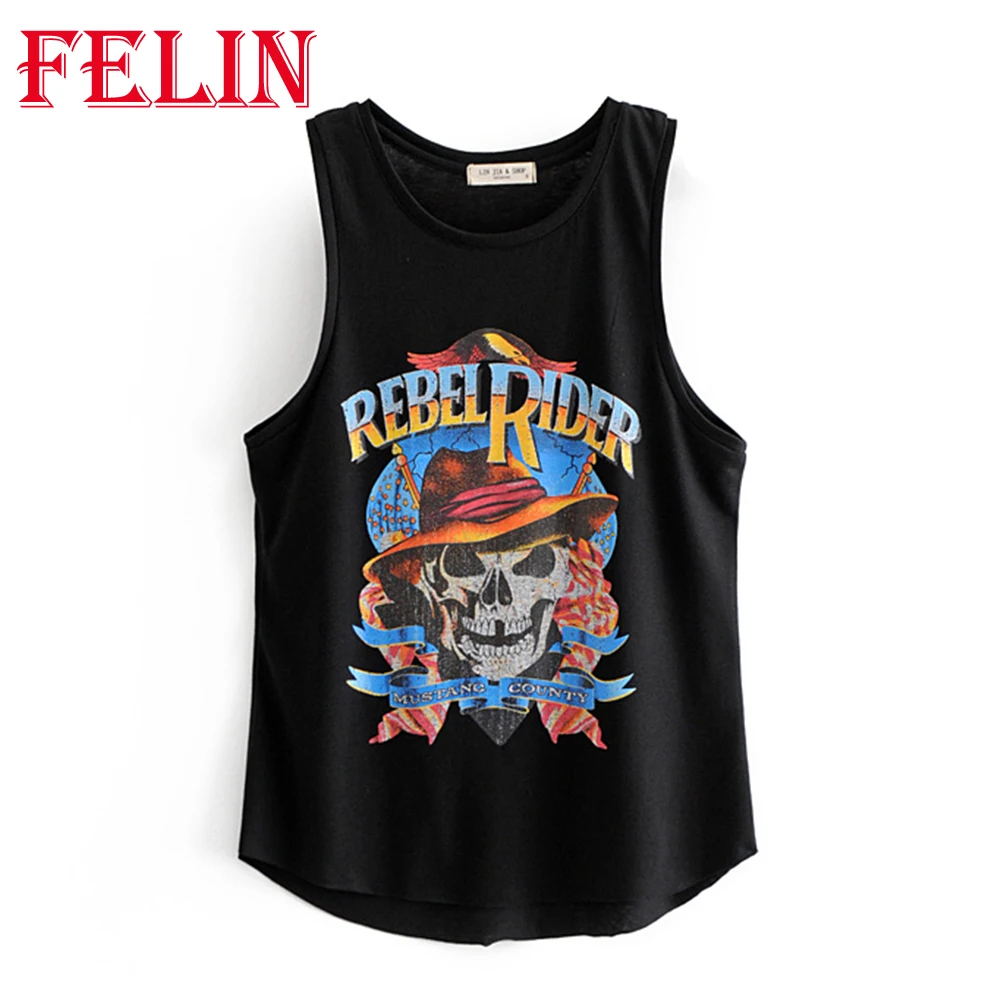 

Women's T-Shirts Skulls Print Streetwear Sleeveless Overszied Long T-Shirts Female Chic Black Mujer Tops Vintage