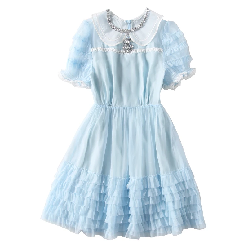 

Spring And Summer New Vintage Puff Short Sleeve Cake Luxury High Waist Mesh Diamond Round Neck Ruffles Mini Party Vestidos