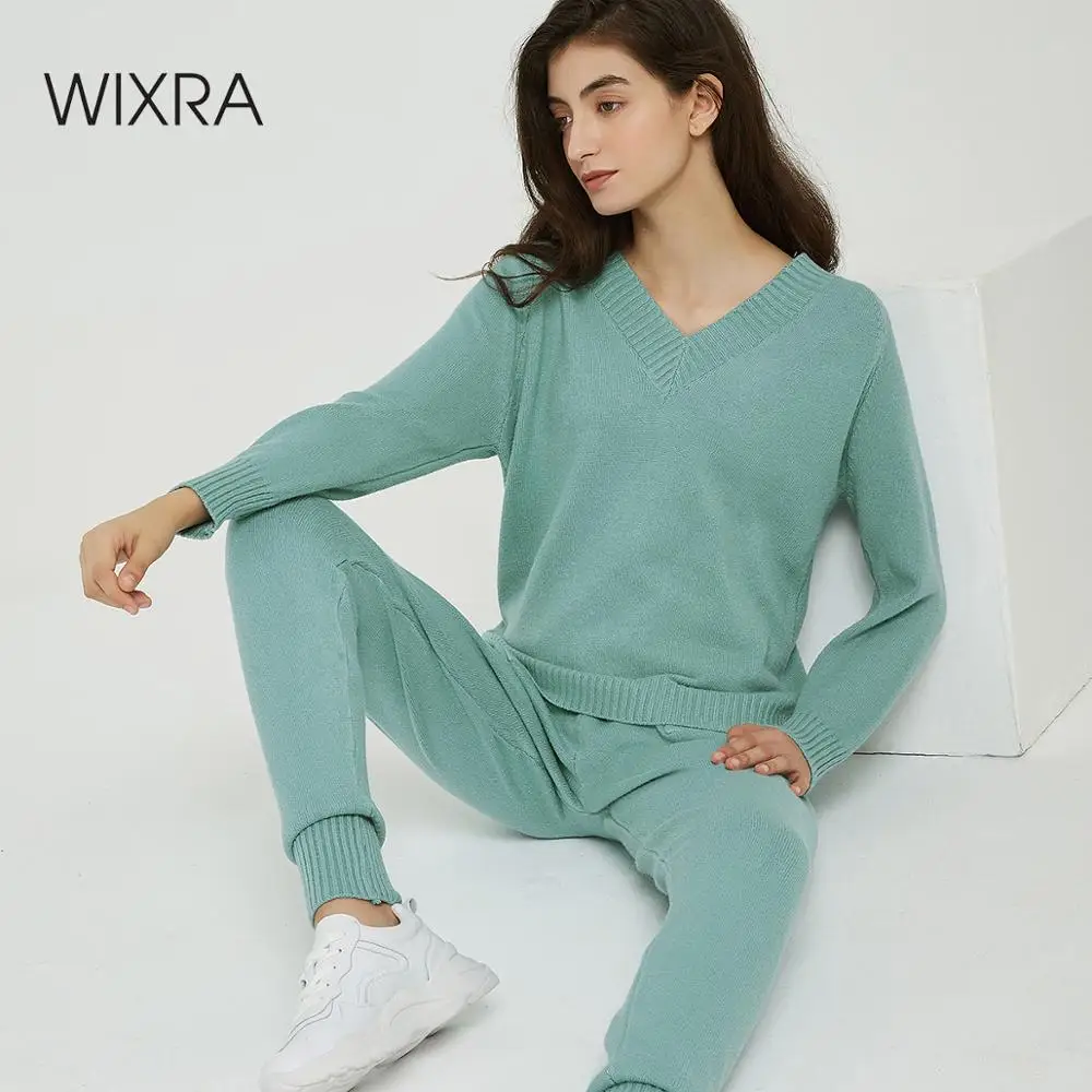 Wixra костюм со свитером и комплекты Повседневные свитера с v-образным вырезом Топы+ длинные штаны с карманами однотонные комплекты из двух предметов г. Осень-зима