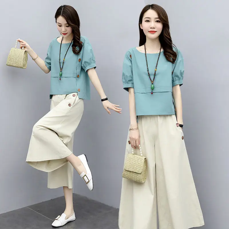 

Women 2022 Summer Casual Set Short Sleeve Round Neck Tops + Loose Wide Leg Pants Suits Fashion 2 Piece Sets Womens Outfits Y182