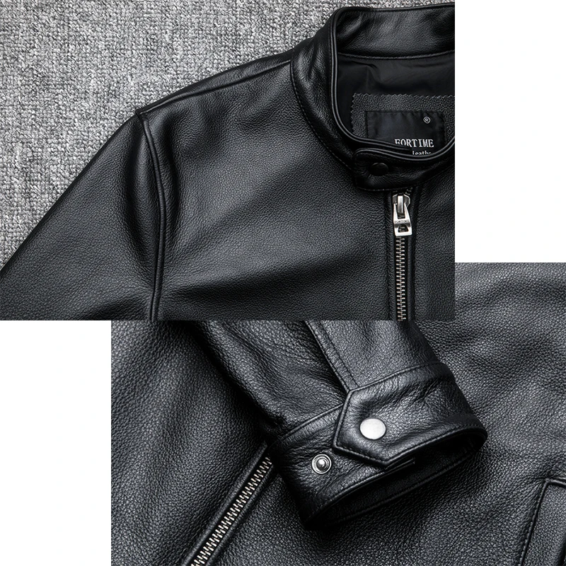 

Youth Fashion Cowhide Genuine Jacket Men Casual Locomotive Stand Collar Slim Fit Short Motorcycle Biker Leather Coat