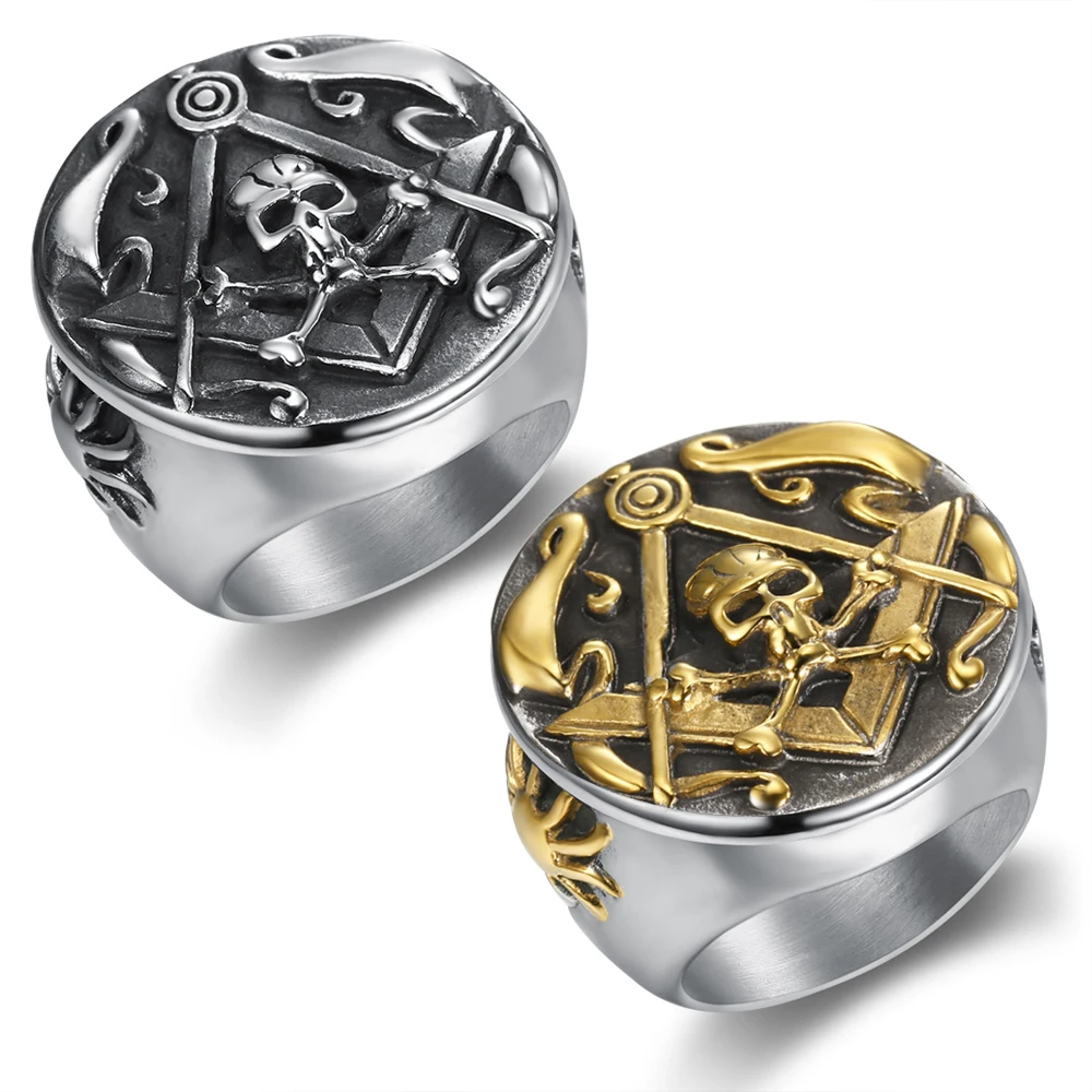 Мужские античные большие масонские кольца с черепом квадратные перекрестным