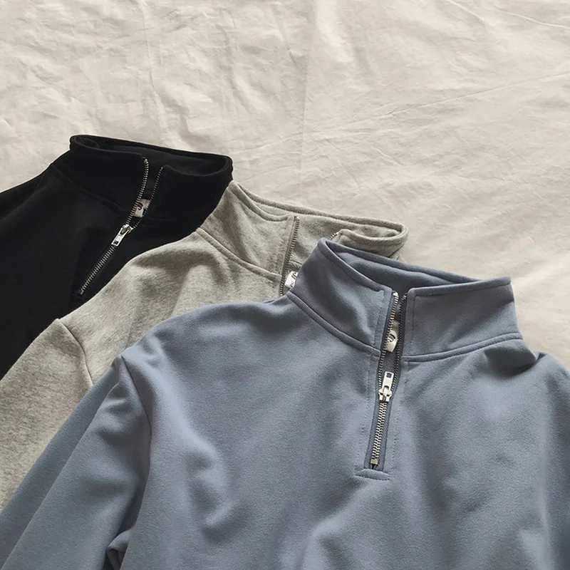 

Hoodies Women Zipper Solid Short Fashion Sexy Sweatshirts High Waist 2021 Autumn Pullovers Korean Tops Casual