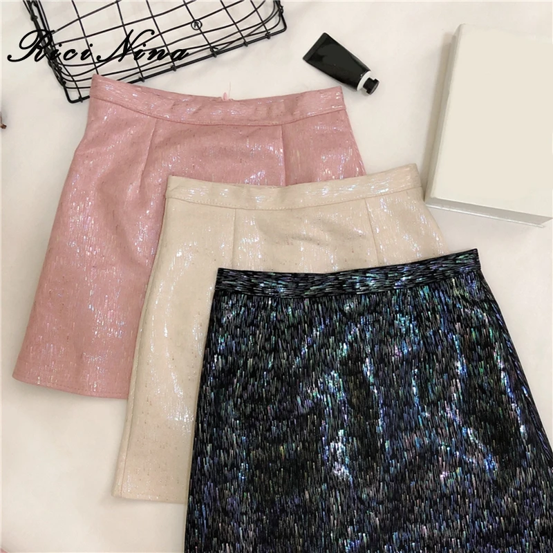 RICININA Мини Юбка Для Женщин 2019 на молнии однотонная с блестками светоотражающая