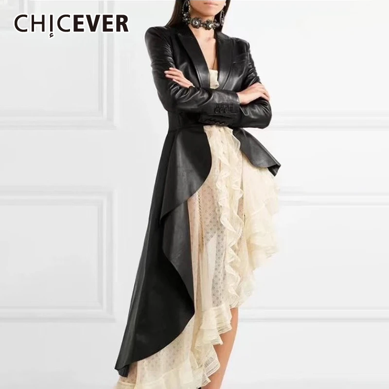CHICEVER корейский из искусственной кожи для женщин Тренч Одежда с лацканами длинным рукавом Осень Свободный Подол нерегулярные ветровка Женская мода
