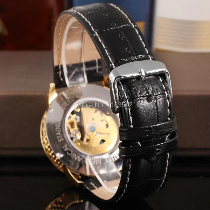 

Famous brand Forsining FSG8046M3G1 new Automatic gold color men wristwatch black leather strap shipping free