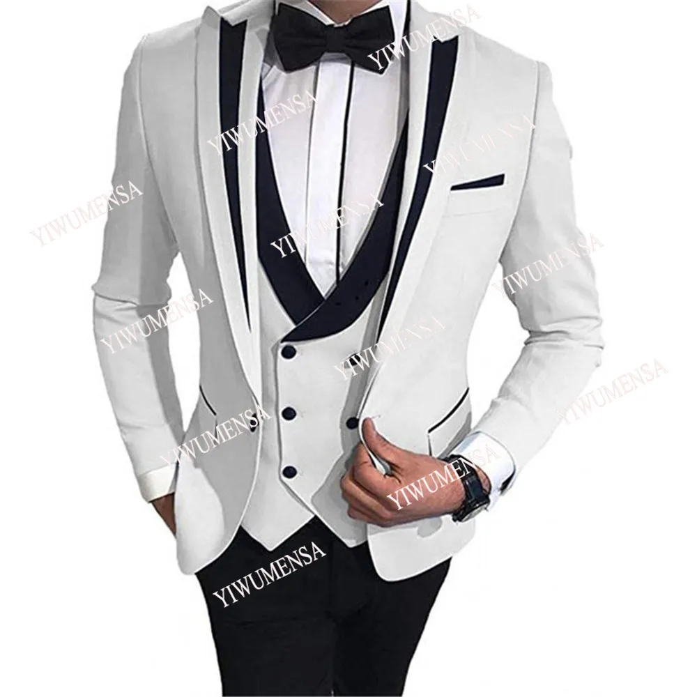 

White And Black Notch Lapel Business Men Suits Formal Blazer Masculina Groom Tuxedos Custom Made 3 Pieces Jacket&Vest&Pants
