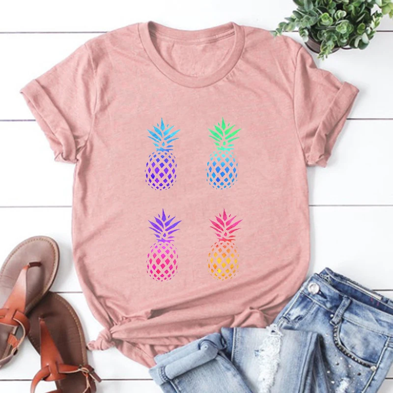 

Pineapple Print Women Shirts Summer Classic Hawaii Beach Vacation Tshirt Vintage Aesthetic Clothes Pineapple Tees Pink
