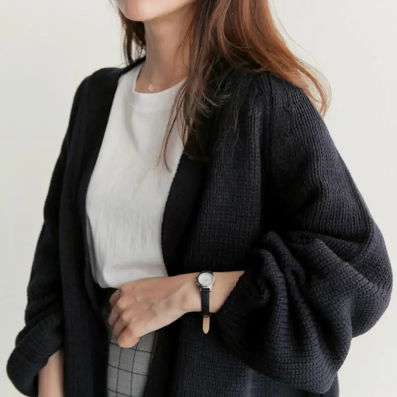 Womens Long Puff Sleeves Open Front Cardigan Tops Crochet Knitted Solid Color Short Sweater Coat Lounge Casual Loose Outwea |