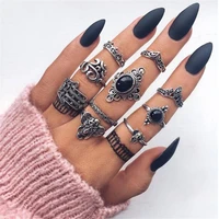 limario 10pcsset bohemia antique silver color elephant flower heart crown carved rings set knuckle rings for women jewelry