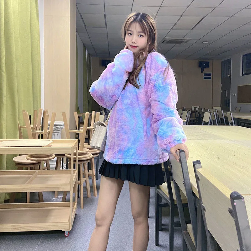 2021 New Winter Women Gradient Color Mid-Length Warm Plush Jacket Korean Style Loose Oversize Zipper Rainbow Warm Coat Plus Size