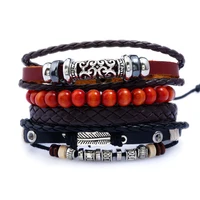 retro woven diy cowhide bracelet beaded hemp rope alloy mens jewelry leather bracelet