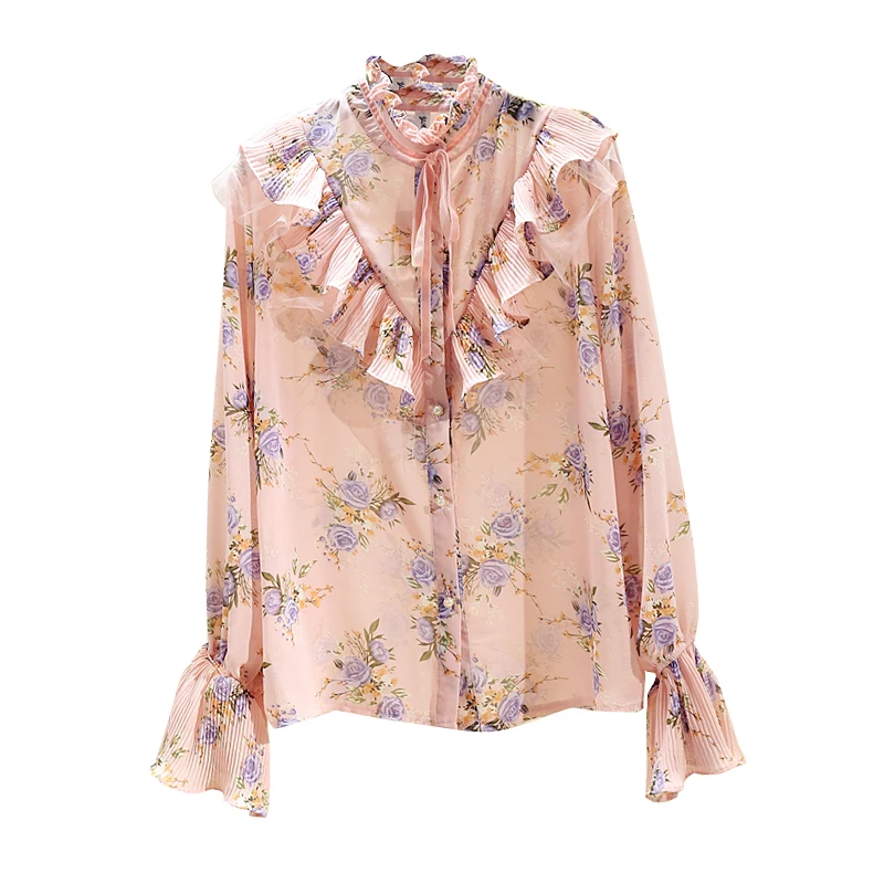 

Spring Autumn Women's Blouse Korean Style Pleated Ruffled Floral Chiffon Shirt New Casual Long-sleeved Female Tops GX336
