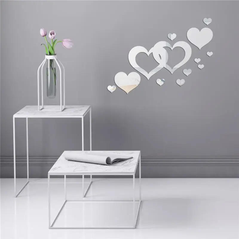 

3D Modern Mirror Surface Heart Sticker Kit DIY Wall Sticker Home Room Decoration
