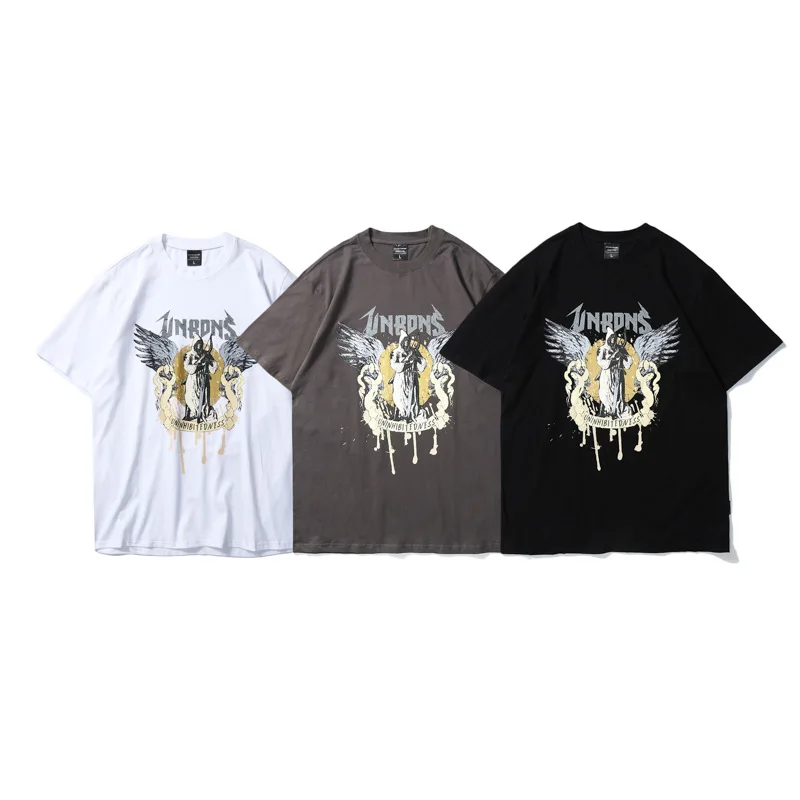 

Spring and summer high street dark funeral demon angel print round neck loose short sleeve T-shirt