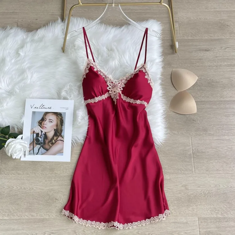 

Spaghetti Strap Sleepwear Women Satin Nightgown Sexy Lace Sleep Dress Summer Mini Nightdress Casual Home Dress V-neck Nightwear