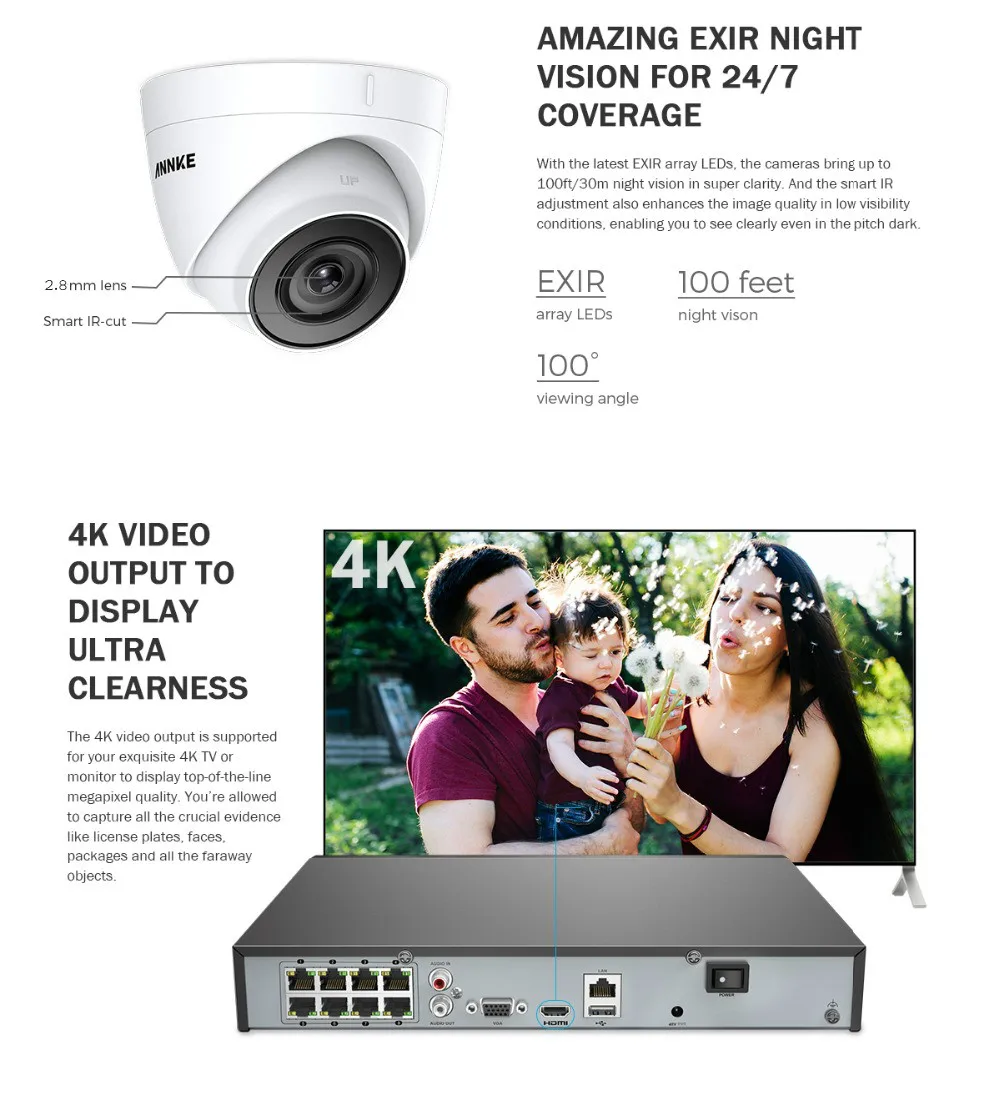 ANNKE 8CH HD 5MP POE сетевой видеорегистратор безопасности Системы 8MP H.265+ NVR с 4X5 Мп возможностью погружения на глубину до 30 м EXIR Ночное видение всепогодный WI-FI IP Камера