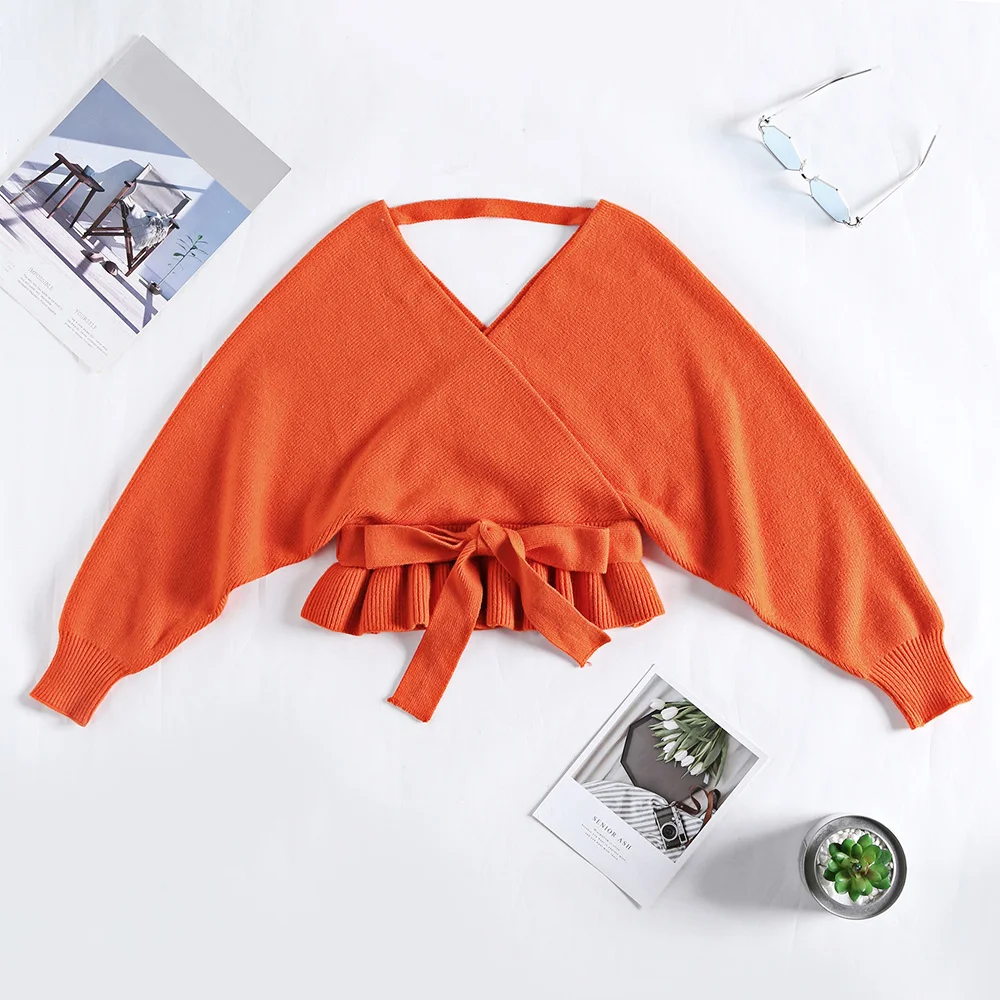 Fall Winter Women Sweater Ruffled Hem Strap Cross V-Neck Crop Top Pullovers Slim Sexy Bat Sleeve Knitwear Bandage Short | Женская одежда
