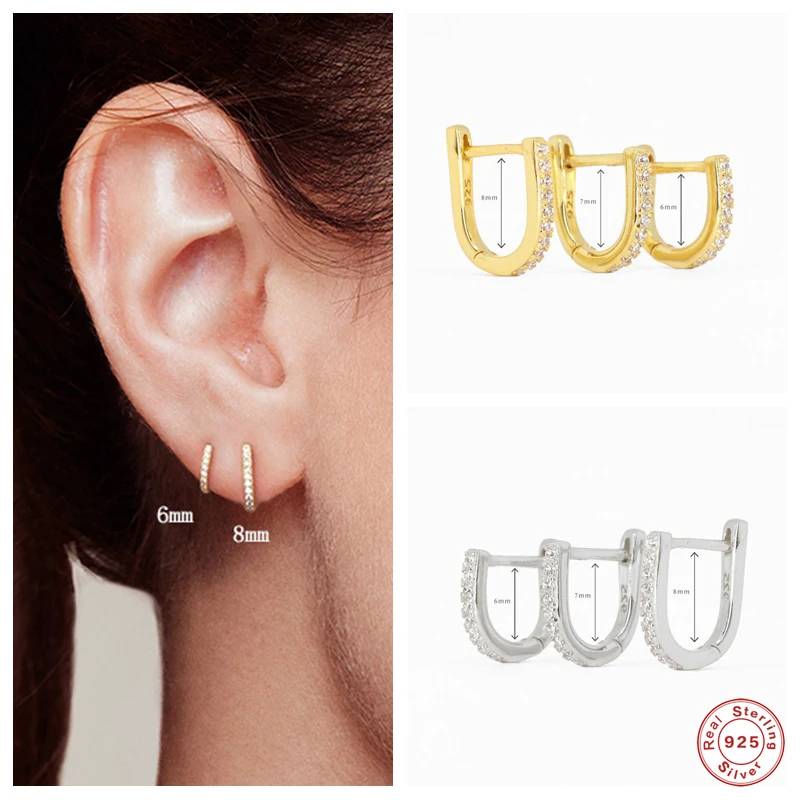 

Aide 925 Sterling Silver White Cubic Zirconia U Shape Hoop Earrings For Women Tiny Circle Second Hole Cartilage Earring Hoops