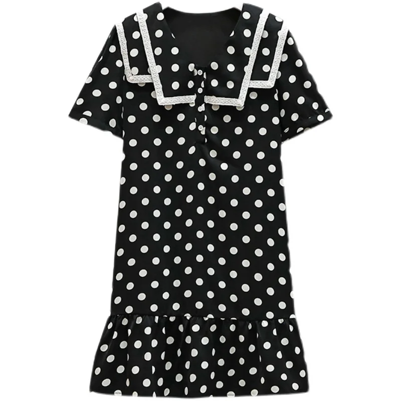 

4XL Plus Size Women Black Polka Dot Dress Summer 2021 Lace Double Peter Pan Collar Short Sleeve Loose Casual Ruffle Dresses