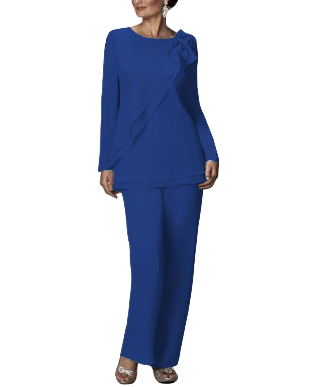 royal blue Женский комплект из 2 предметов: шифоновое платье с цветочным принтом и оборками для мамы и невесты, костюм с курткой, наряд с длинными рукавами для свадьбы, жениха - Цвет: royal blue