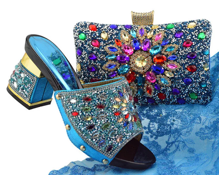 

Nice looking sky blue wemon kitten shoes with colorful crystal african shoes match purse set for dress FGT004，heel 7CM