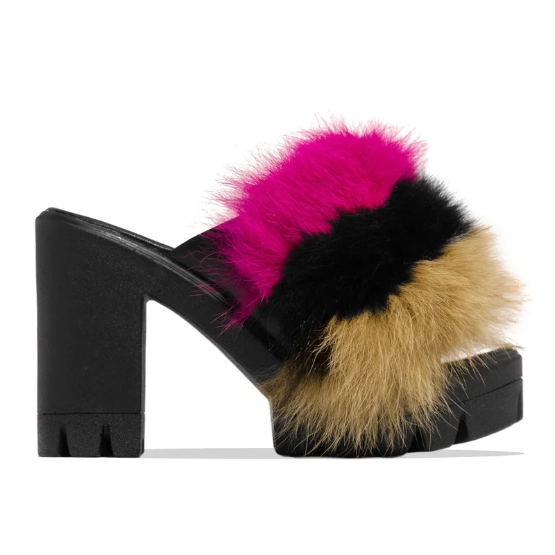 

Summer Women Thick Heel Platform Sandals Faux Fur Mix Color Peep Toe Peep Toe Fashion Elegant Mature Shoes Ladies Female Whosale