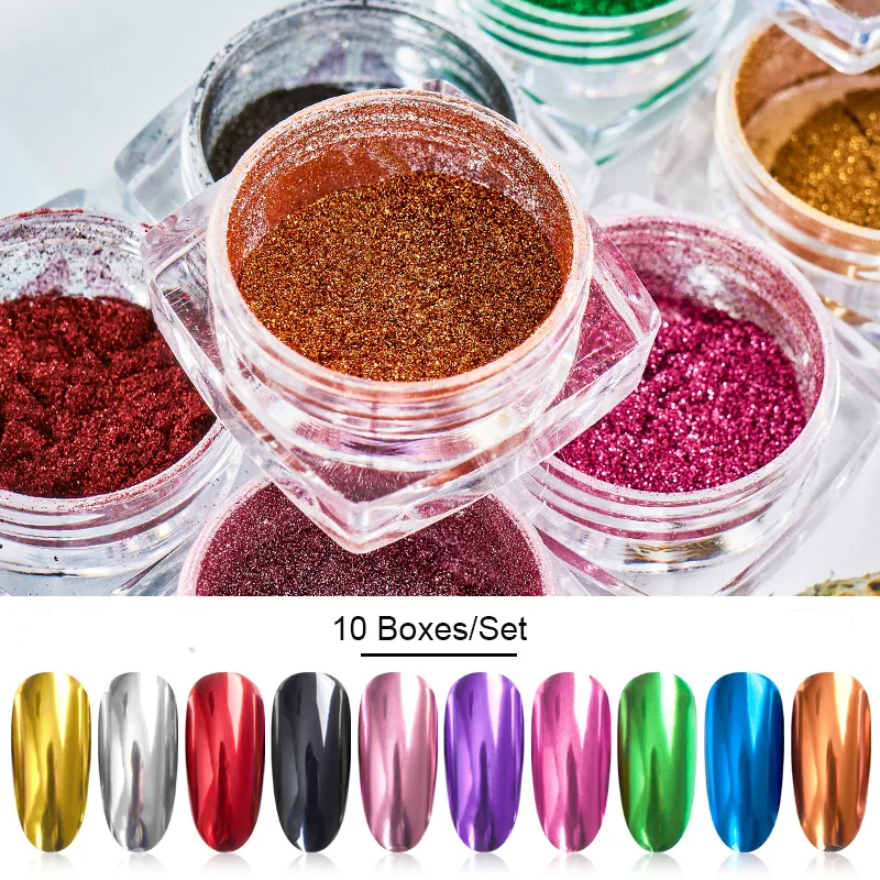 Зеркальный лазерный Хамелеон для ногтей 10 коробок набор порошков с блестящими