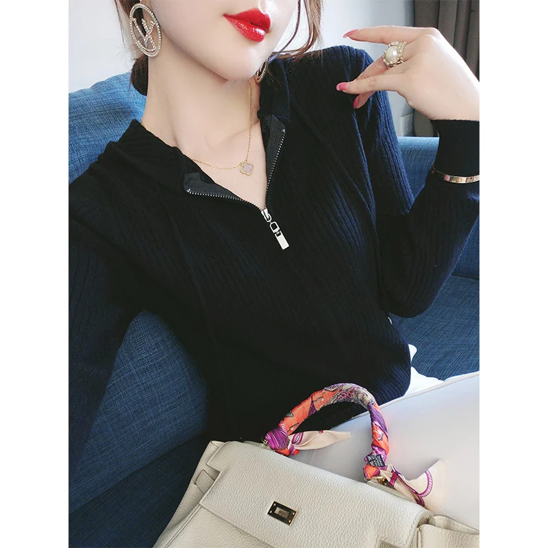 Осенний свободный изящный свитер с капюшоном и длинным рукавом для женщин |