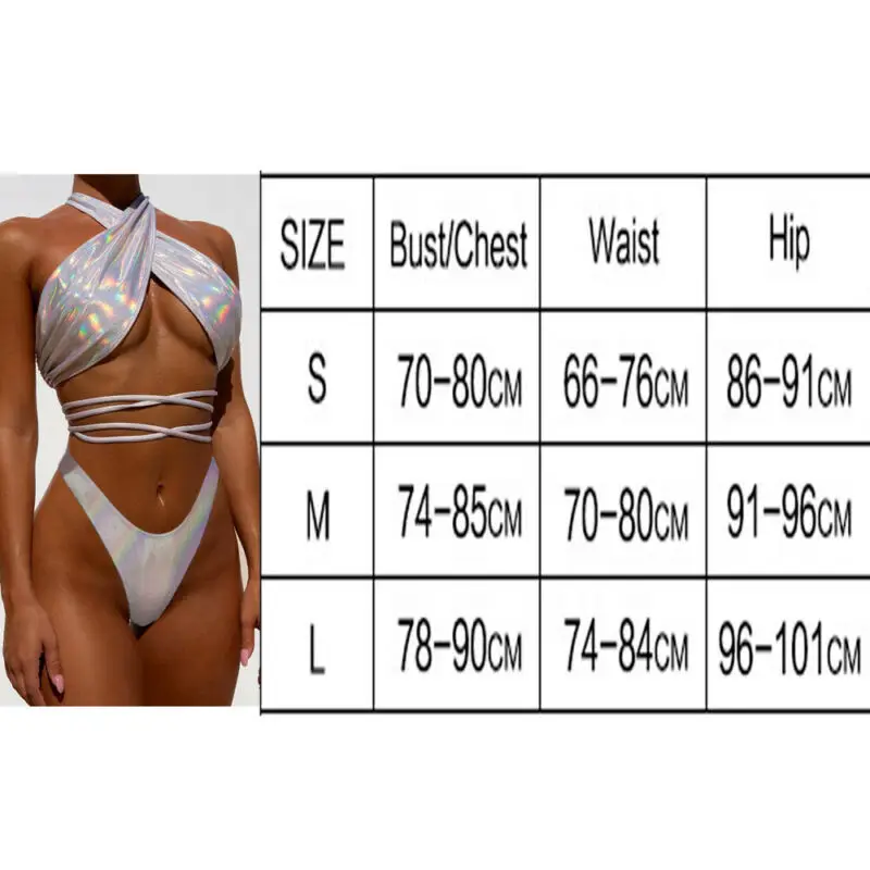 

2PCS Women Sexy Bikini set Shiny Halter Push-Up Padded Swimwear Swimsuit Bathing Deep V Bandage Bra+Thong Beach Brazilian
