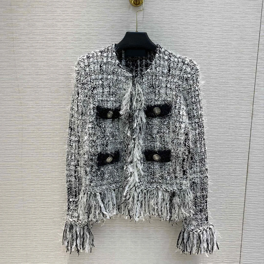 Женский твидовый пиджак с круглым вырезом элегантный контрастной расцветки в