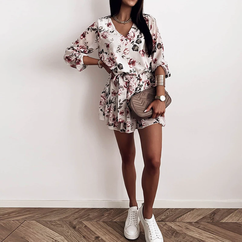 

Summer Women Chiffon Dress V Neck Flower Print Dress Female Boho A Line Dress Casual Long Sleeve Short Streetwear Vestidos 2021