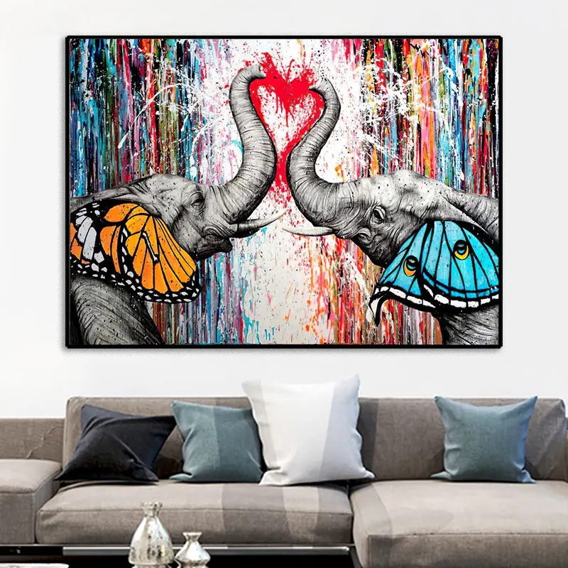 

Слон пары с бабочкой уши Холст Картина граффити улица поп стена искусство плакат печать, Картина Настенная домашний декор
