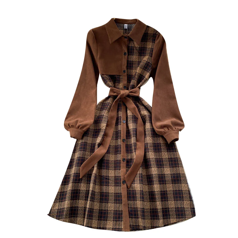 Женское платье-рубашка в клетку с длинным рукавом и кружевной талией - купить по