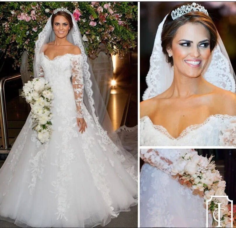 

Lace Ball Gown Wedding Dresses Floor-Length Custom Size New Luxury White/ivory Long Sleeve Bridal Gown Free Shipping