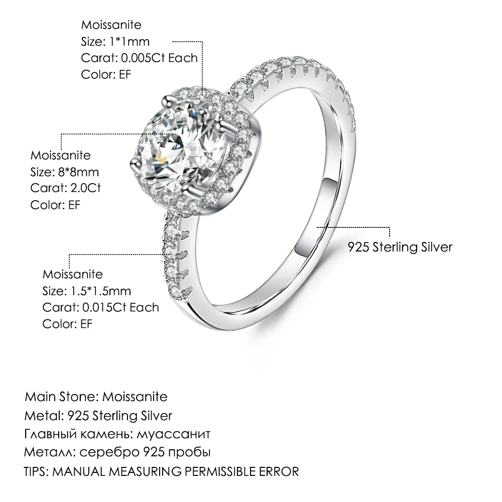 Женское балетное кольцо gemb's 2.0Ct 8 мм EF цвета Moissanite для свадьбы из стерлингового