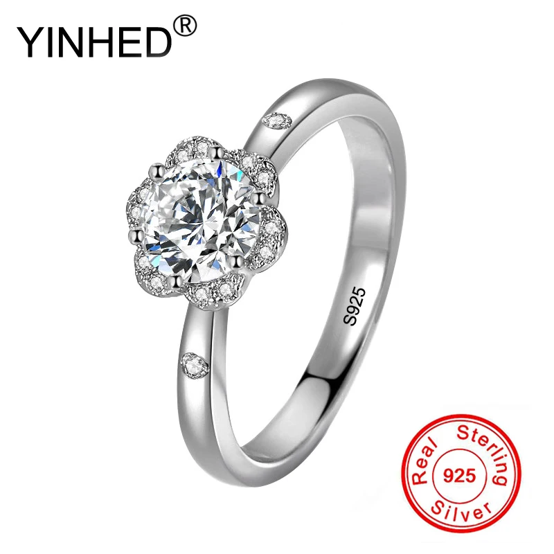 

YINHED Elegant Flower Engagement Rings for Women Original 925 Sterling Silver Jewelry 1 Carat CZ Diamond Wedding Ring ZR612