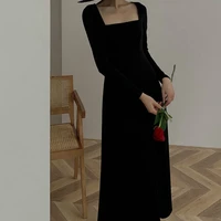 winter office lady french bandage square collar fashion one piece solid party maxi dress new women autumn black elegant dress