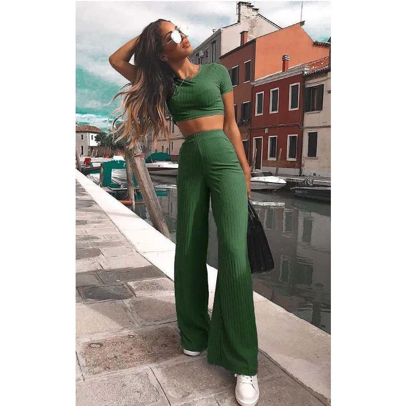 

Wholesale summer wide leg pants plus size clothing sexy outfit crop top outfits women two pieces yoga sets fitness