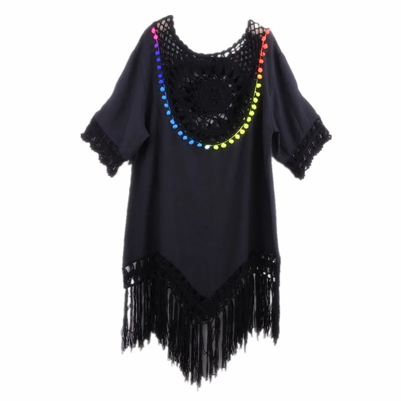 

Tassel Beach Cover Ups for Women One-piece Dress Fringe Pareo Women's Cover-up Female White Beige 2021 Half Sleeve Sun Dresses
