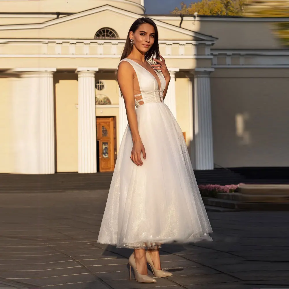 

Элегантные белые свадебные платья без рукавов, привлекательные трапециевидные платья с V-образным вырезом длиной до щиколотки, фатиновые пляжные и садовые фотообои 2022