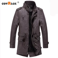 covrlge leather jacket men soft pu leather long jacket male business 2019 autumn winter casual fleece coats men size xxxl mwp059