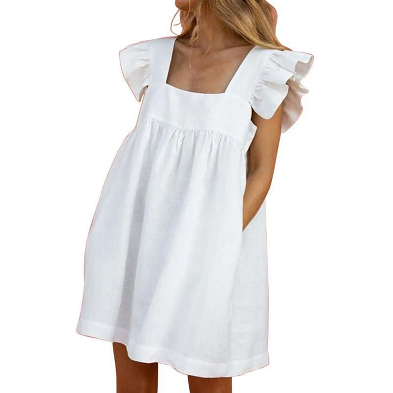 

2x Summer Square Neck Ruffle Butterfly Sleeve Square Neck Short Mini Ruffled Dress M White/Yellow