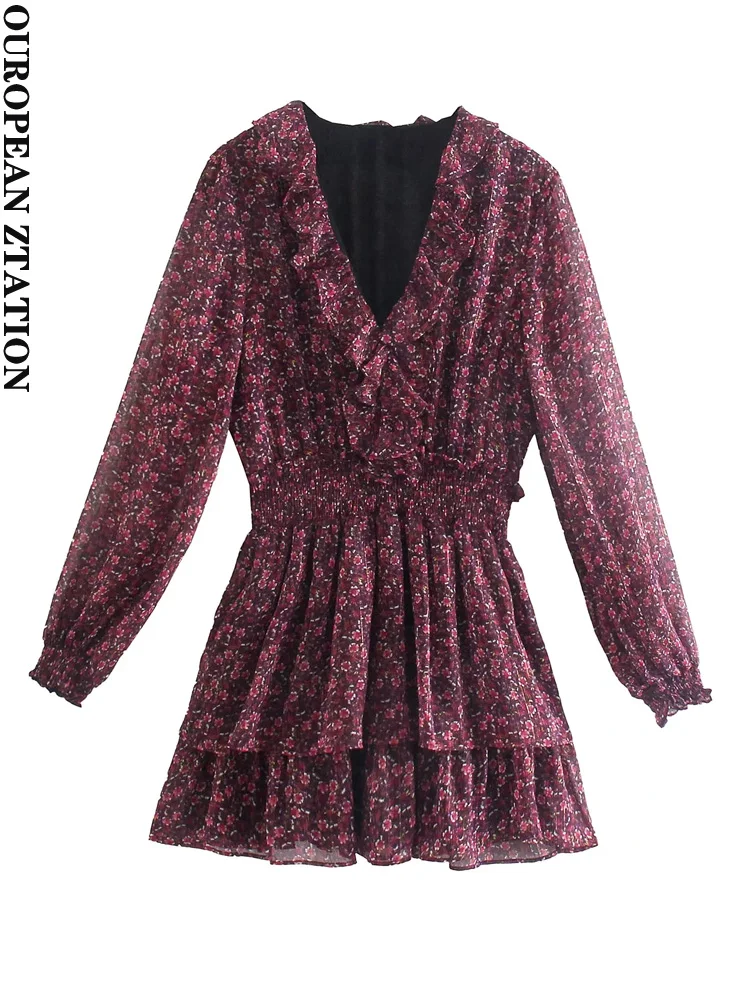 

Women 2021 fashion printed metallic thread ruffled mini dress vintage long sleeve smocked waist female dresses vestidos