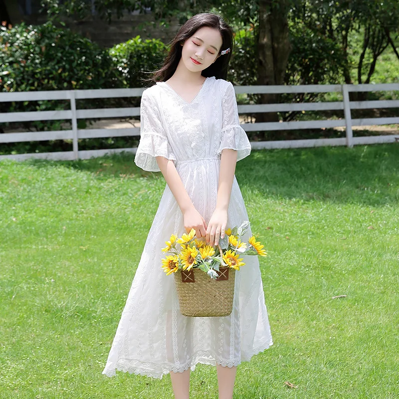 

Girl dress summer girl skirt princess skirt long skirt over the knee white 2020 new high school students super Fairy