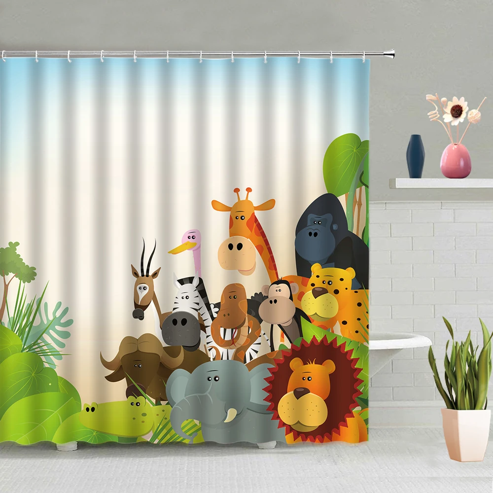 

Cartoon Animal Shower Curtain Elephant Giraffe Cow Childrens Bedroom Cute Decoration Bathroom Bathing Curtains Hanging Hooks