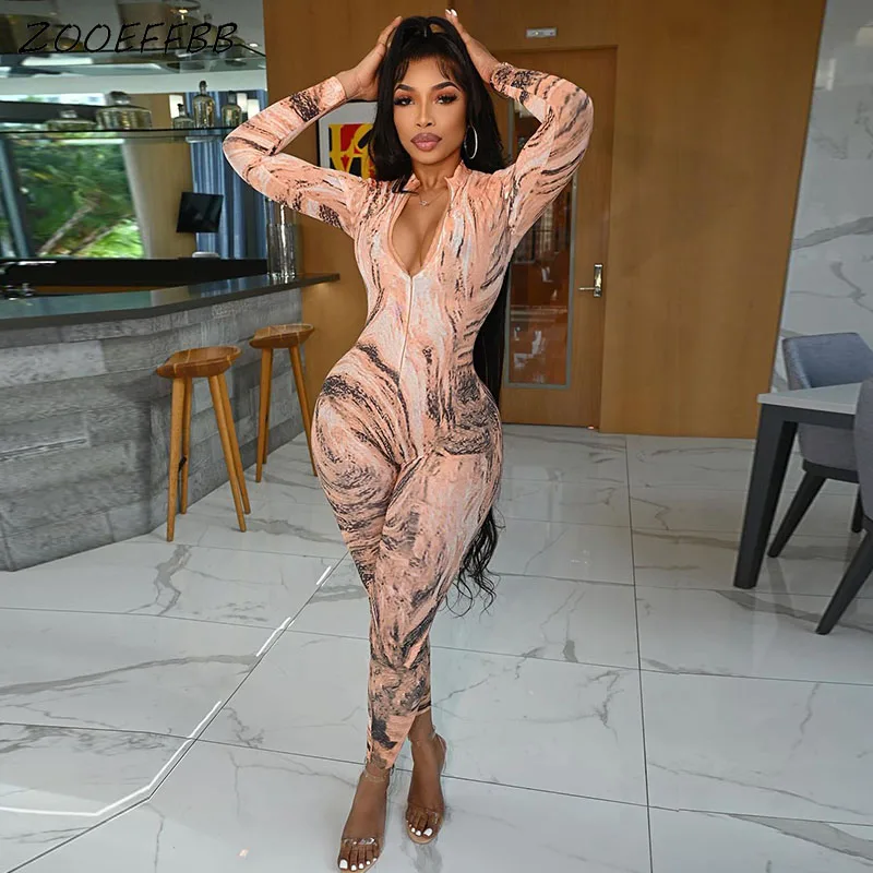 

ZOOEFFBB Trendy Water Ripple Printed Bodycon Sexy Slim Long Sleeve Jumpsuit One Piece Y2k Sexy Club Outfits for Women Overalls