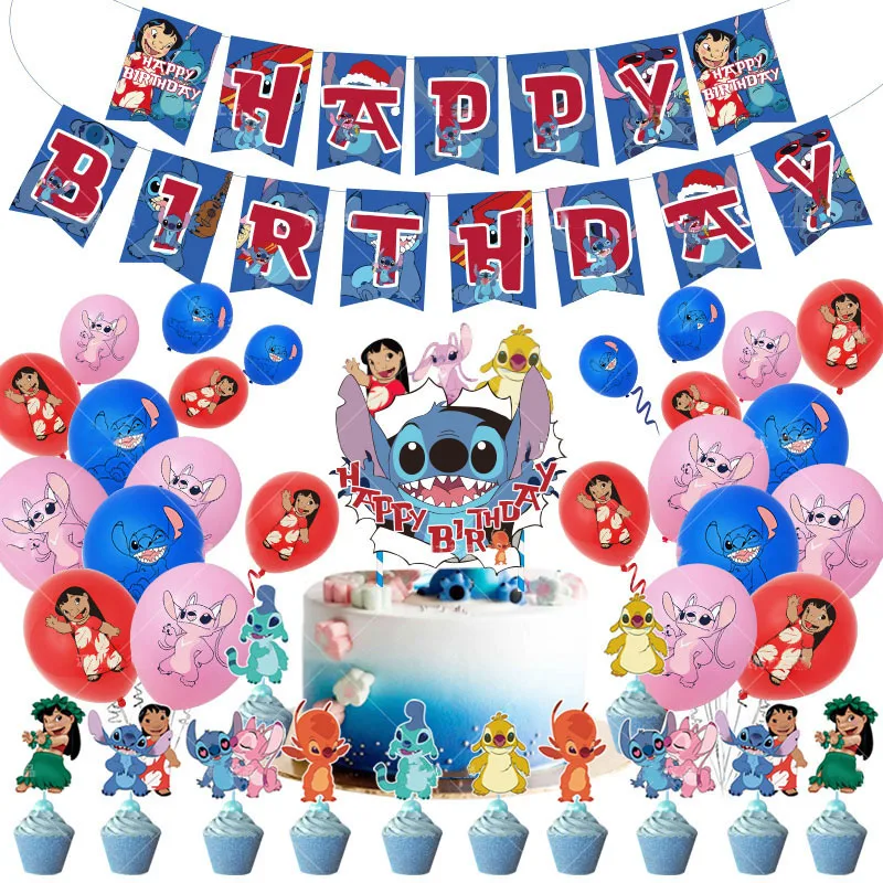 

Star Baby Stitch Theme Birthday Party Decor Children's Birthday Balloon Pull Flag Cake Topper Set Banquet Decoration Supplies